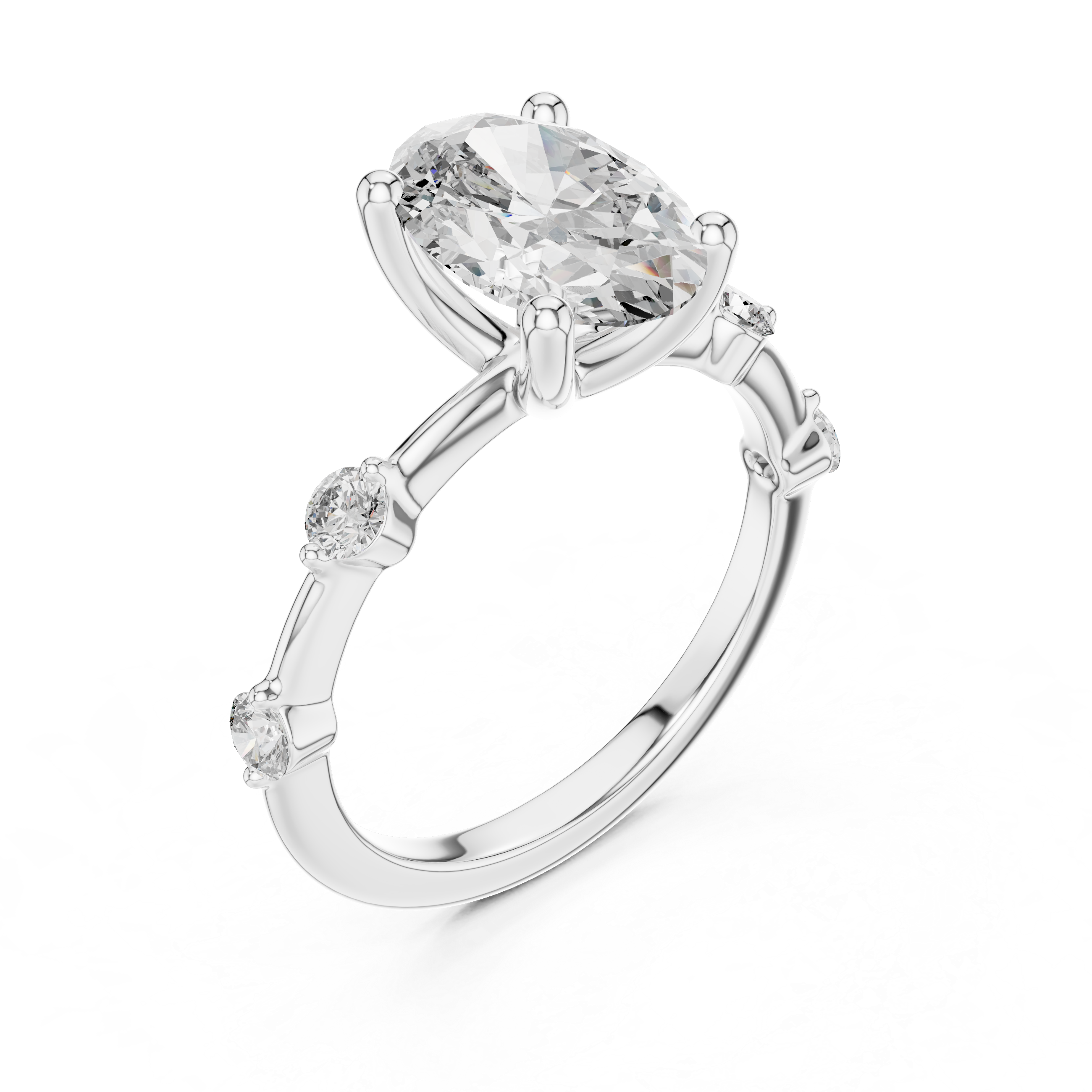 Diamond ring with a pear-shaped center stone on a white background